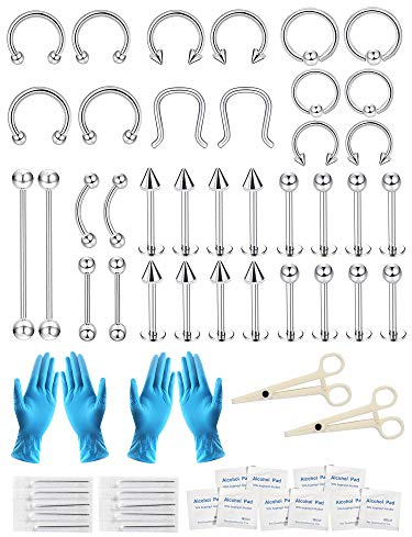 ZeSen Jewelry 30-36PCS Nariz Piercing Kit 16G Profesional Piercing Herramientas Kit, Acero Inoxidable Labret Ceja Tragus Pezon Piercing Joyas para el Cuerpo, para Hombres/Mujeres (36Pcs Plata)