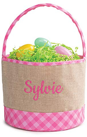 Personalized Easter Bucket Bag with Custom Name | Plaid Burlap Easter Bag with Handle | Egg Basket for Kids | Customized Easter Basket | Great for Book and Toy Storage (Pink Name)