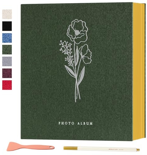 Lanpn Álbum de fotos autoadhesivo, álbum de fotos de lino, páginas magnéticas adhesivas, capacidad para diferentes tamaños de 10x15cm 13x18cm A5 (Pequeñas-40 hojas/80 páginas, verde)