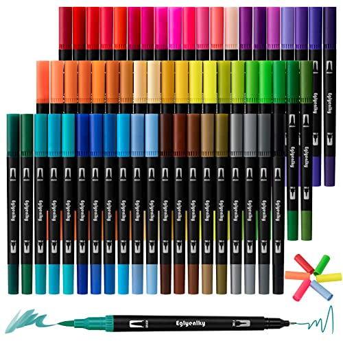 Eglyenlky 60 penne da colorare per adulti libri da colorare, doppia punta penne, pennarelli in feltro con fine e pennello acquerello Marker set per bambino adulto artista disegno