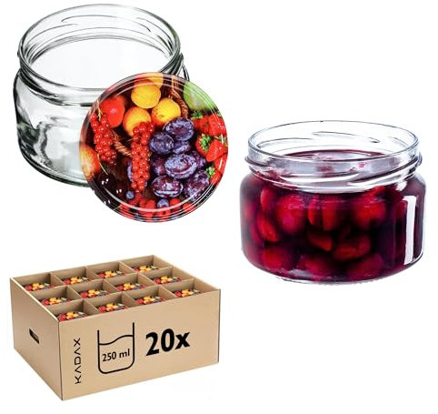 KADAX Lot de 20 pots à confiture, 250 ml, avec couvercle à visser, diamètre : 82 mm, hermétiques, passent au lave-vaisselle, idéaux pour confitures, chutneys, légumes marinés, viandes, tartes et