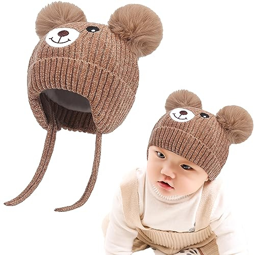 Chapeaux Tricoté Enfant Hiver Chapeau pour Enfant Bébé Mignonne ourse Epais Chapeaux avec Double Pompon Cagoule Cagoule Chapeaux doublée en Polaire Bonnet Bébé Fille Garçon pour 1-5 Ans