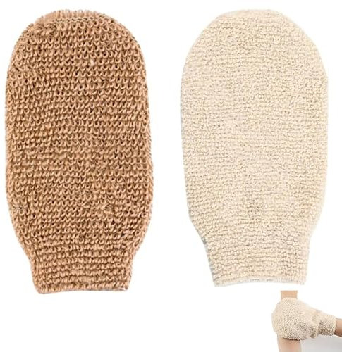 2er-Pack Peeling-Handschuhe, Peeling-Ramie-Reinigungshandschuhe, Peeling-Handschuhe aus Naturfasern, Geeignet für Männer und Frauen, Entfernt Abgestorbene Haut – Braun, Reis Weiß