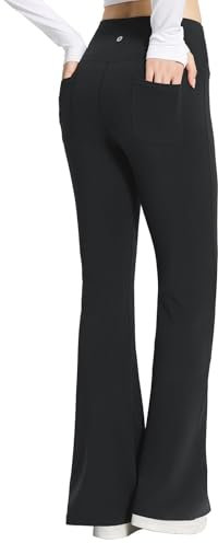 baleaf Yogahose Damen High Waist Schlaghose Bauchkontrolle Freizeithose Baumwolle Sporthose lang Yoga Pants mit Taschen Schwarz M
