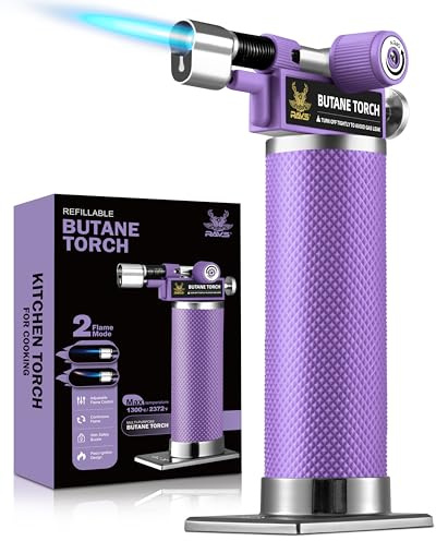 RAVS 2 Flame Mode Butane Torch Lighter, Refillable Kitchen Torch with Adjustable Flame & Safety Buckle, Metal Body Cooking Torch for Baking, BBQ, Purple Soldering Torch Butane Gas Not Included