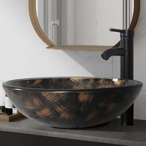 ARTETHYS Bathroom Sink, Countertop Wash Basin, Glass Vessel Washing Bowl Set with Tap, Cabinet Counter Top Sink with Faucet Pop-up Drain and Water Pipe for Vanity Cabinet Cloakroom, Gold Stripes