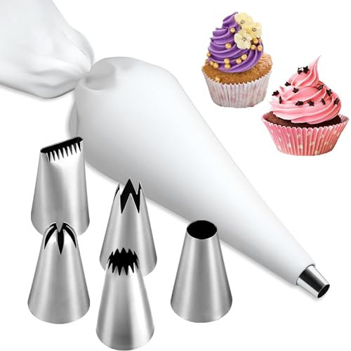 Waymaytecy 6 Stück Spritztüllen Spritzbeutel Set,5pc Pack Düsen und 1pc Spritzbeutel,Wiederverwendbaren Spritzbeuteln,Backzubehör Set Spritztüllen-Set Tüllen Set Cupcakes Torten Kuchen Dekoration