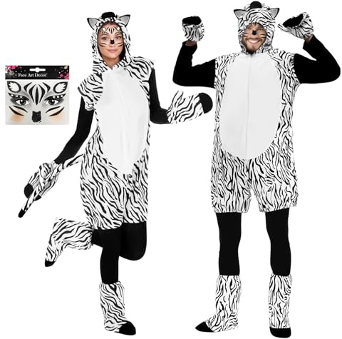 YODITI Costume de zèbre pour femme et adulte : costume d'animal pour femme, costume de jungle, unisexe, adulte, avec oreilles et queue, costume d'animal pour carnaval, fête à thème, Noir/blanc, M
