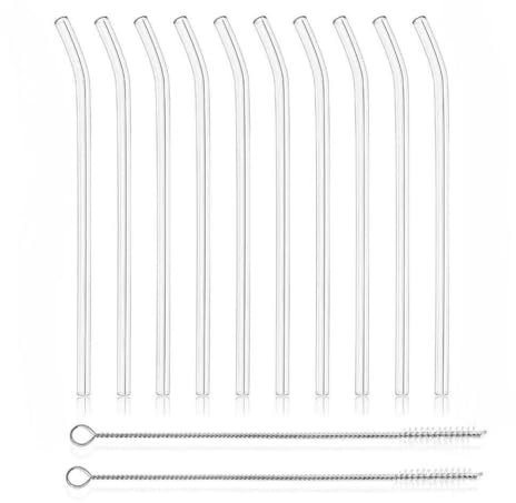 12 cannucce riutilizzabili in vetro, misura 17,8 x 8 mm, incluse 10 cannucce curve e 2 pennelli per paglia. Vetro borosilicato alto per pennelli riutilizzabili per succhi, caffè e cocktail