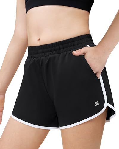 Stelle Girls Athletic Shorts with Pockets Girls Running Shorts Volleyball Soccer Shorts for Kids Elastic Waist Black L