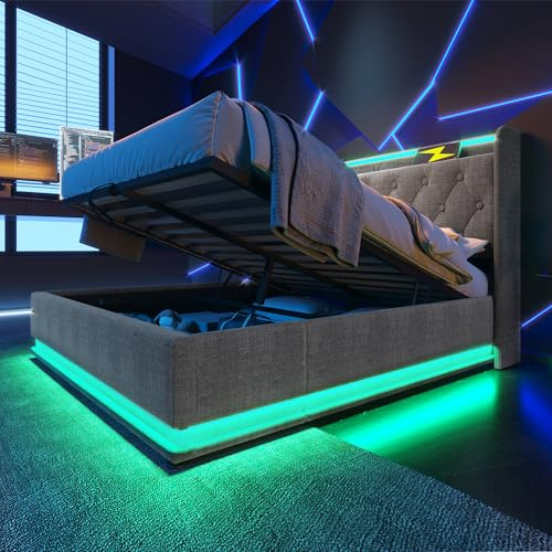 Huayz Letto imbottito 180 x 200 cm, letto matrimoniale a LED con vano portaoggetti e rete a doghe, testiera con vano portaoggetti e funzione di ricarica USB, schienale idraulico, senza materasso