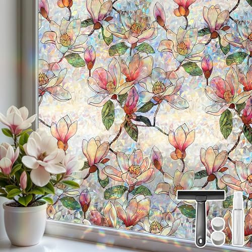 Mgood Fönsterfilm 90 x 200 cm rosa Magnolia-mönster, regnbågseffekt, elektrorostatisk integritetsfönsterfilm för hem kök kontor