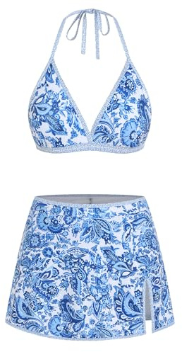 ZAFUL Womens Bikini Set Swimsuits with Mesh Skirt - Two Piece Swimsuit Tummy Control Bathing Suits 2025 Swimwear Blue Floral L
