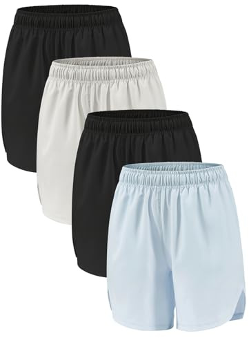 Orrfreer 4 Pack Girls Athletic Shorts,Sports Shorts 6-14 Years Teen Kids Running Cycling Basketball Short for Girls with Drawstring & Pockets Black/Grey/Black/Blue L