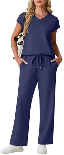 GRECERELLE Tuta da donna, set completo estivo a maniche corte, abbigliamento da salotto per donna, abiti in due pezzi, casual, scollo a V, top da donna e pantaloni sportivi da palestra con tasche, blu