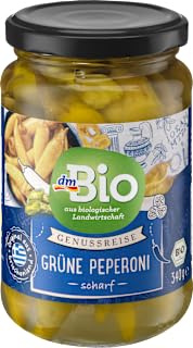 Grön paprika, kryddig, 170 g, DM-märke Tyskland, kompatibelt med dmbio Grüne Peperoni, scharf, 170 g