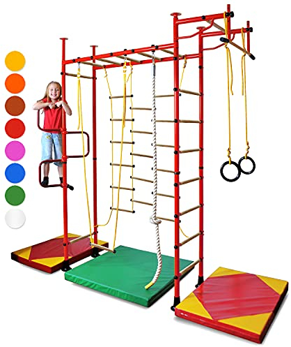 NiroSport FitTop M3 Klettergerüst Indoor für Kinder in Rot/Holzsprossen/Indoor Sprossenwand für Kinderzimmer/leicht montierbare Kletterwand/Turnwand für max. Belastung bis 130 kg