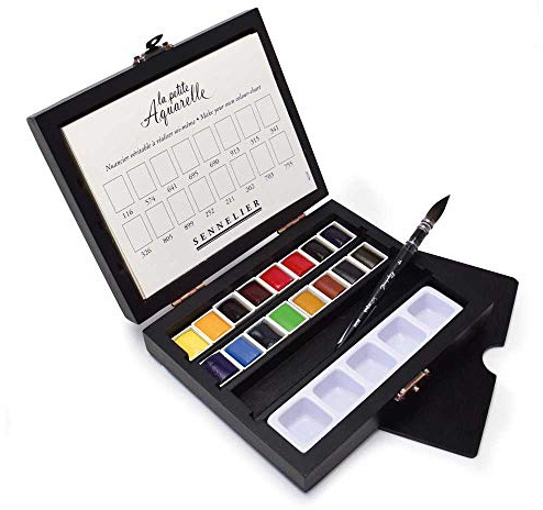 Sennelier La Petite Aquarelle Travel Watercolor Set, Art Supplies, Black Wood Case, Student Grade, Includes 16 Half Pan Colors, Paper Pad, Mini Brush Size 4 (10-131686-00)