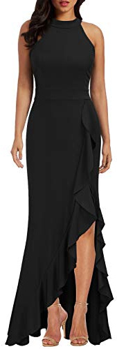 WOOSEA Women's High Neck Sexy Split Bodycon Mermaid Evening Cocktail Party Maxi Long Formal Dress Black