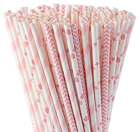 ALINK Biodegradable Pink Paper Straws, Pack of 100 Party Straws for Juice, Cocktail, Smoothies, Birthday, Wedding, Bridal/Baby Shower and Celebration Supplies