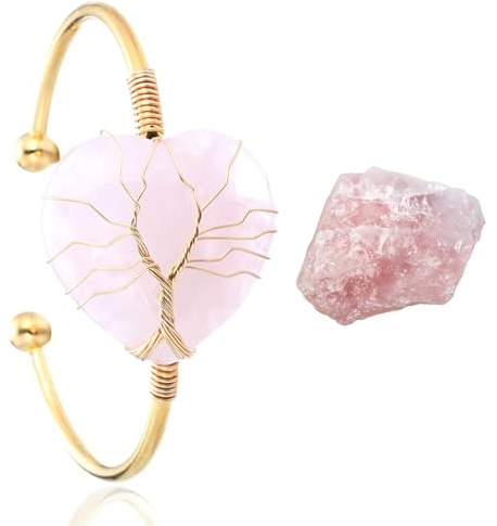HALUKAKAH Bracciale in Cristallo di Pietra Naturale - LUNA AMORE - Filo Avvolgente Albero della Vita Placcato in Oro 18k Fatto a Mano,Ciondolo in Forma di Cuore in Quarzo Rosa Misura Regolabile