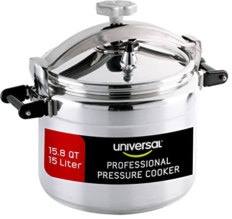 Universal (Large) 15.8-Quart Aluminum Pressure Cooker for Professional Use – Commercial-Grade, 1 Safety Valve, Reinforced Handles, Easy-Open Lid, – Ideal for Large Kitchens, and Restaurants