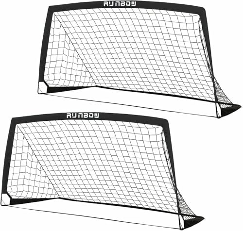 RUNBOW Portería de fútbol para niños, 182 x 121 cm Red de fútbol portátil para práctica en el Patio Trasero con Bolsa de Transporte (Negro, 182 x 121 cm, 2 Piezas)