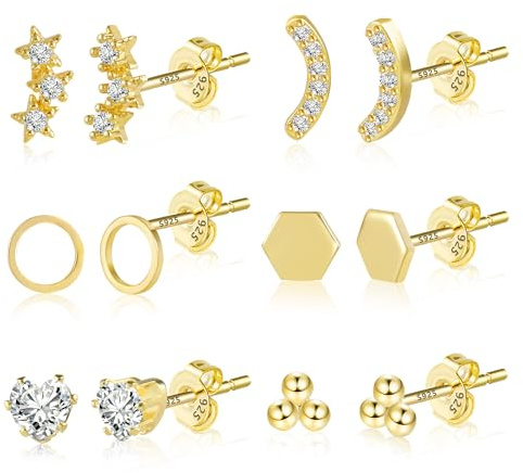 Piccoli Orecchini a Bottone in Oro per Donna, 6 Paia Placcati in Oro 14K Ipoallergenici Cerchio a Punto Sfera Pentagramma Cuore Luna Zirconia Cubica Orecchini Punto Piccolo per Piercing Multipli