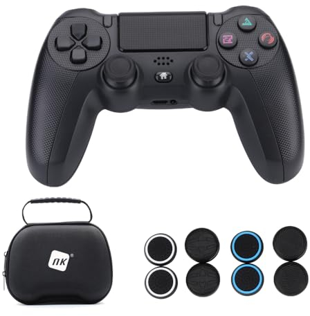 NK Pack Mando PS4 / PS3 / PC/Móvil Inalámbrico - Wireless Controller, 2-Shock, 6 ejes, Panel Táctil, Entrada Auriculares, Cable de Carga, 8 x Joystick Grips, Funda para mando - Schwarzes Pack