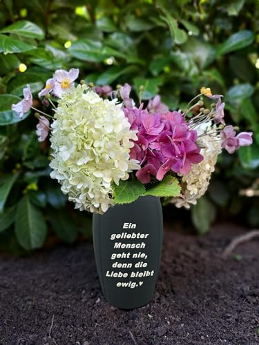 Grabvase mit Spruch EIN geliebter Mensch geht nie... Grabdeko Steckvase Vase für Grab 25cm Blumenvase Kunststoff Trauerschmuck Friedhofsvase witterungsbeständige Grabvase Grabschmuck Friedhof