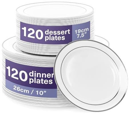 MATANA 240 Premium White Plastic Plates with Silver Rim - 120 x 26cm, 120 x 19cm - Elegant, Unbreakable & Reusable Party Plates for Weddings, Birthdays, Picnic, Parties