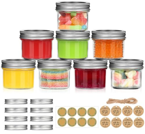 TOEKSIX Small Mason Jars with Lids, 120 ml/ 4 oz Mini Mason jars 8 Pack, Canning Jars with 8 Split-Type Lids and EXTRA 8 One Piece Lids for Dessert, Honey, DIY Candle