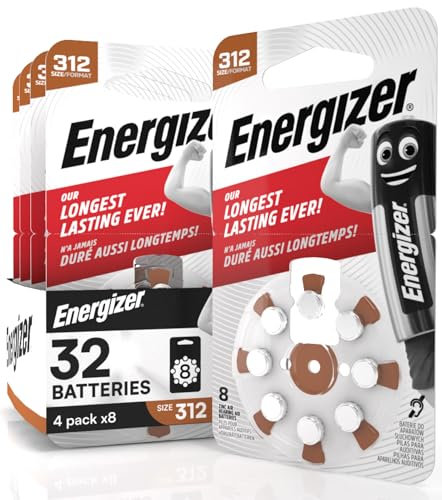 32 Batterie Acustiche Energizer per Apparecchi Acustici Auricolari Misura 312 Marrone con Tecnologia PowerSeal - 4 Blister da 8 Pile