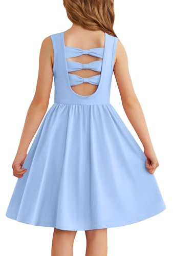 Arshiner Niñas Vestidos Sin Mangas Niños Volver Lazo Vestido de Verano Infantil Algodón Elegante Vestidos Ocio con Cuello Redondo Swing Vestidos Fiesta para Niñas 7-8 Años Azul