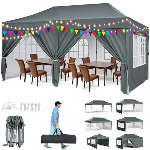 Pavillon 3x6m, Pop-Up Faltpavillon Wasserdicht, Gartenzelt UV Schutz 50+, Partyzelt wasserdicht stabil mit Tragetasche, Höhenverstellbar Faltbar Gartenzelt mit 6 Seitenwänden, für Garten, Party