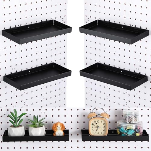Blulu 4 Pcs Pegboard Shelves, 10 x 4 Inch Metal Heavy Duty Wall Mounted Pegboard Shelf Tray Accessories with Lip for Craft Room Home Garage Kitchen Workbench Organize and Storage (Black)