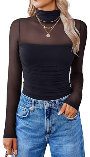 Avidlove Damen Body Sexy Langarm Bodysuit Mesh Rollkragen Oberteil Top | Going Out Tops,Transparent Netz Stoff,Party Club,Spitze Doppellagiges Gewebe,Hochelastisch,Stilvoll