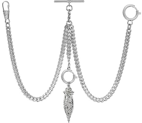 BOSHIYA Double Albert Silver Pocket Watch Chain, Pocket Chain for Men, Pocket Watch Chain with Lantern Pendant, Adjustable Length.
