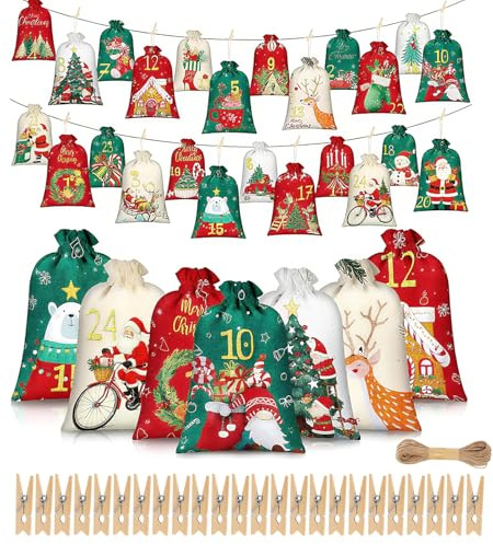 Calendario Avvento Fai da Te Stoffa, 24 Sacchetti Calendario Avvento da Riempire, Mit Clip, Corda di Canapa, Adventskalender Säckchen Appendere, Per Bambini Numeri del conto alla rovescia di Natale