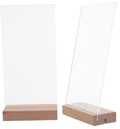WEKADRIN 2 pièces Présentoir Acrylique Double Face avec Socle Bois Support Menu Transparent Vertical pour Restaurant Mariage et Centre de Table Lot
