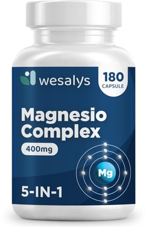 Magnesio Completo 400mg, 180 Capsule, Magnesium Complex 5 in 1, Bisglicinato, Citrato, Pidolato, Malato e Carbonato, Contribuisce a Ridurre la Stanchezza e l'Affaticamento