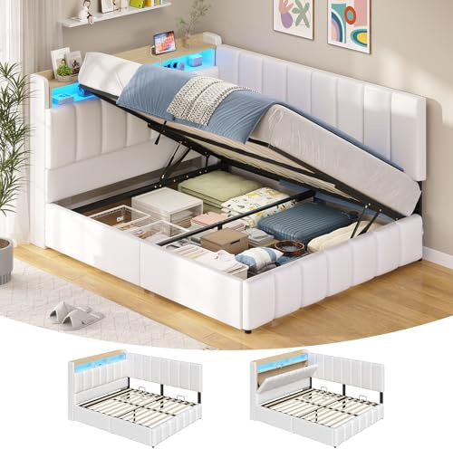 Cama tapizada con iluminación LED, cama juvenil de 140 x 190 cm, cama con somier y estación de carga, cabecero con espacio de almacenamiento oculto, Amplio espacio de almacenamiento,color blanco PU