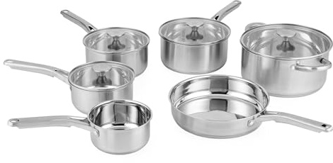 Salter Signature 6 Piece Stainless Steel Pan Set – Induction Suitable Cookware Set with 14, 16, 18 & 20 cm Saucepans, 24 cm Frying Pan & Stockpot, Glass Lids, Dishwasher Safe, 10 Year Guarantee