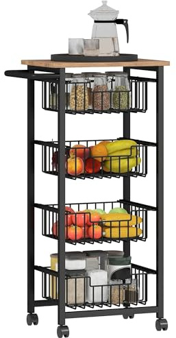 HOMCOM Carrito de Cocina, Carrito Verdulero para Cocina con Ruedas, 4 Cestas Deslizables y Marco de Acero, Carrito Auxiliar para Comedor, 49,5x31x91 cm, Roble