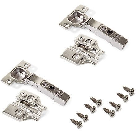 Emuca 1013307 Lot de 2 charnières à visser Ø35mm 100° fermeture douce montage en applique et embases à visser avec réglage excentrique