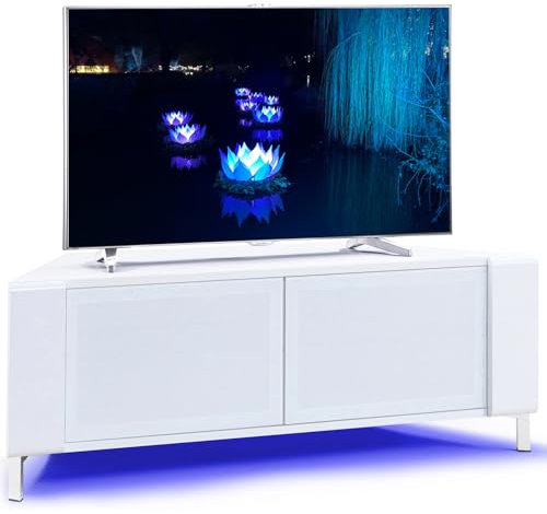MDA Designs CORVUS Corner-Friendly Gloss White Contemporary Cabinet with White Side Profiles White BeamThru Glass Doors Suitable for Flat Screen TVs up to 50 with 16 Colour LED Lights