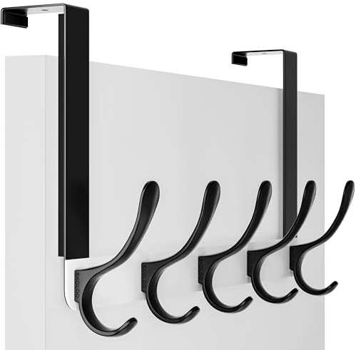 SKOLOO Over The Door Hook, Coat Hooks for Hanging Clothes, Towels, Coats, Hats, Over The Door Towel Hooks, Black on White, Assembly Required