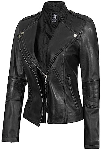 Decrum Disc Womens Leather Motorcycle Jacket - Leather Moto Jacket Women | [1300414] Monica Black, L