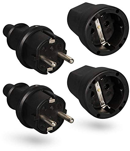 Heitech, set di 2 contatti di protezione in gomma, con protezione antipiega, nero, 250 V, 16 A, IP20, per interni, spina Schuko e frizione