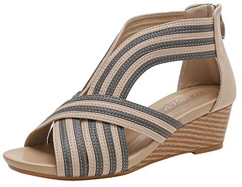 rismart Mujer Sandalias de Vestir Señoras Peep toe Medio Cuña Tiras Casual Zapatos de Verano
